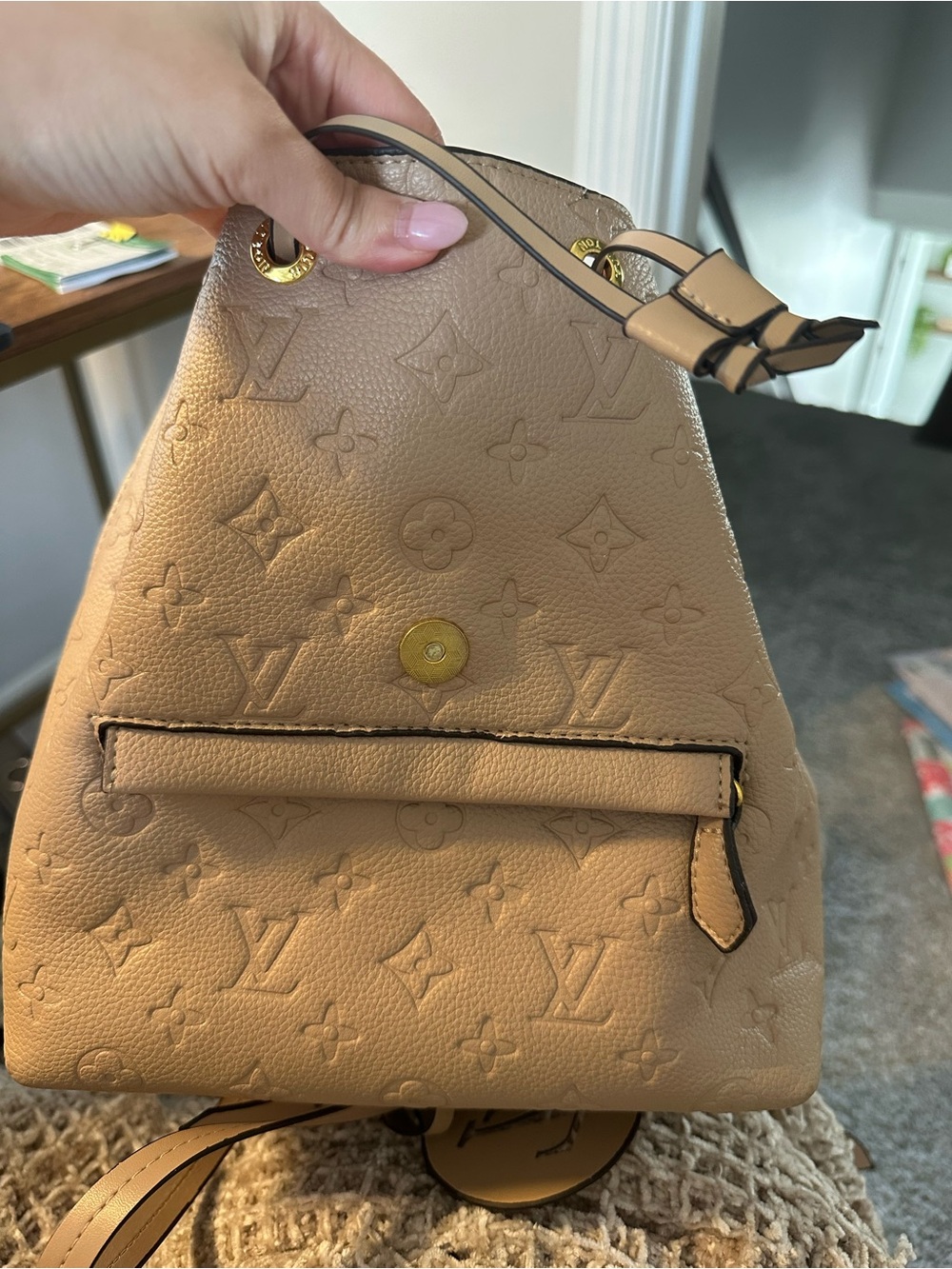 Beige Monogram Embossed Backpack with Gold Hardware - Picture 4 of 6